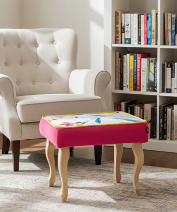Pink Velvet Footstool with Artistic Floral Top – Vibrant Accent