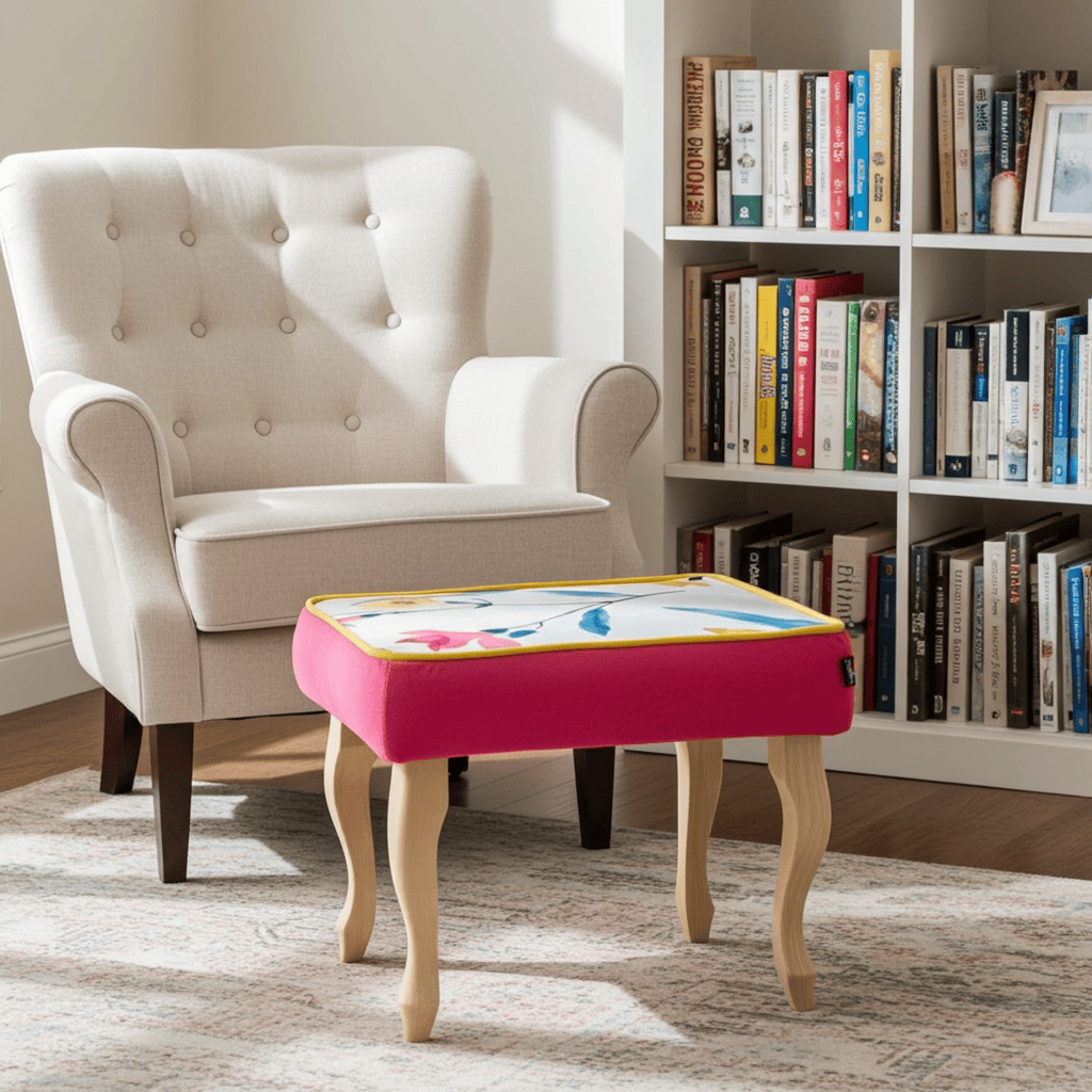 Pink Velvet Footstool with Artistic Floral Top – Vibrant Accent
