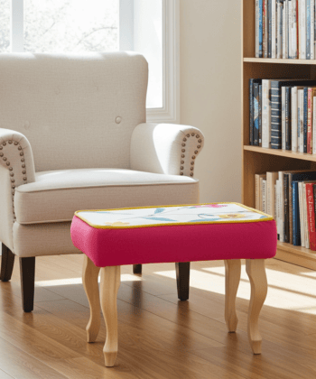 Pink Velvet Footstool with Artistic Floral Top – Vibrant Accent