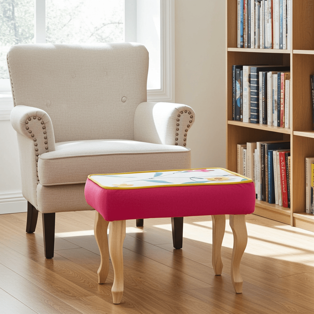 Pink Velvet Footstool with Artistic Floral Top – Vibrant Accent