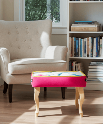 Pink Velvet Footstool with Artistic Floral Top – Vibrant Accent