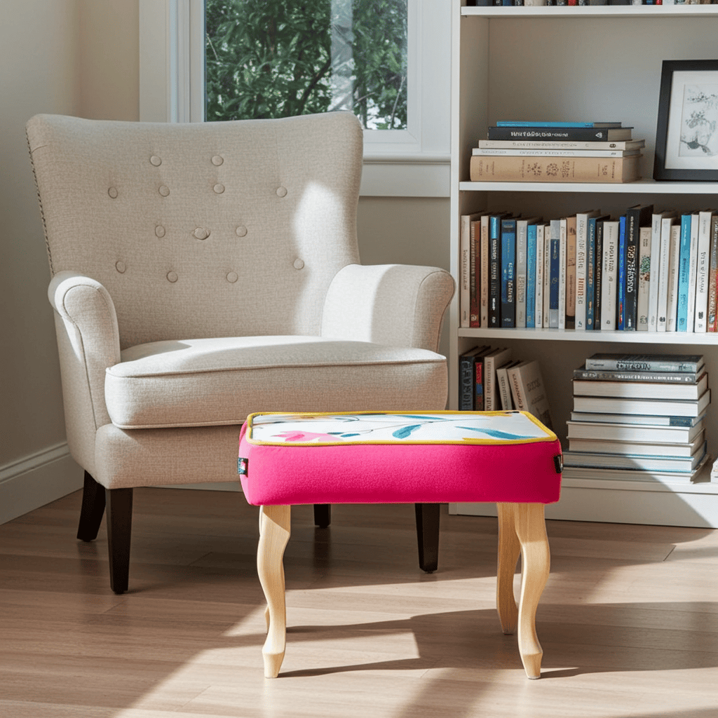 Pink Velvet Footstool with Artistic Floral Top – Vibrant Accent