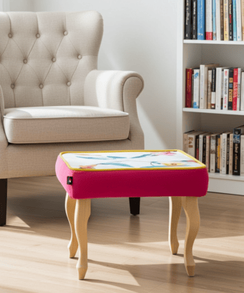 Pink Velvet Footstool with Artistic Floral Top – Vibrant Accent