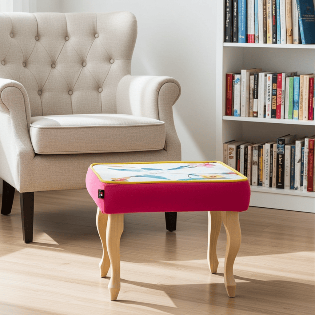 Pink Velvet Footstool with Artistic Floral Top – Vibrant Accent