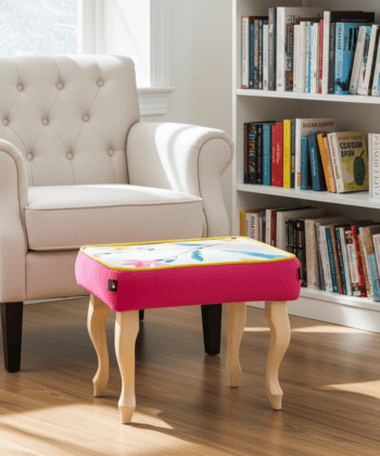 Pink Velvet Footstool with Artistic Floral Top – Vibrant Accent