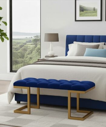 Royal Blue Velour Bench 100x40cm – Gold Metal Frame