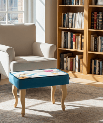 Sky Blue Floral Velvet Footstool 60x40cm with Curved Wooden Legs for Living Room Comfort