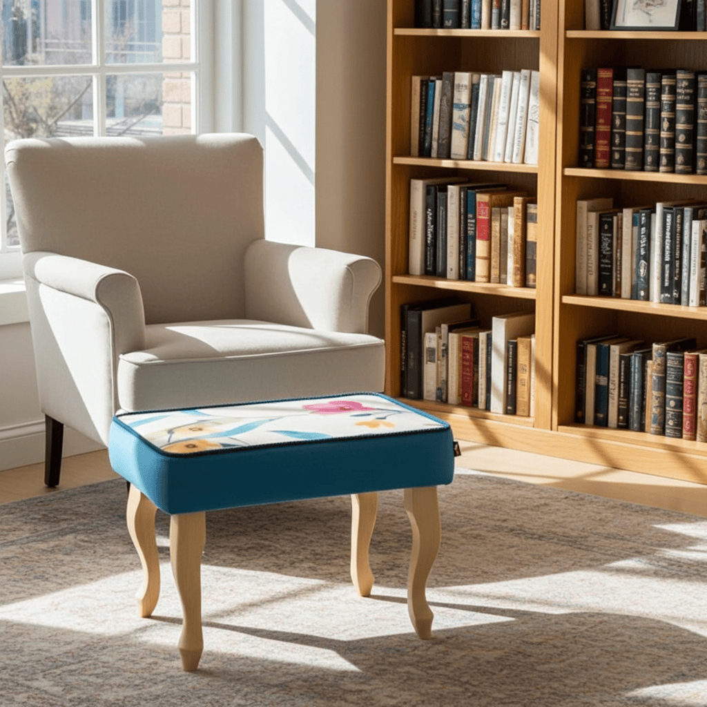 Sky Blue Floral Velvet Footstool 60x40cm with Curved Wooden Legs for Living Room Comfort
