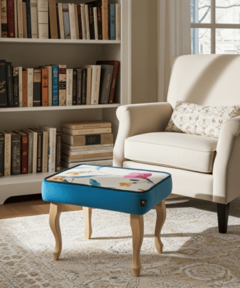 Sky Blue Floral Velvet Footstool 60x40cm with Curved Wooden Legs for Living Room Comfort