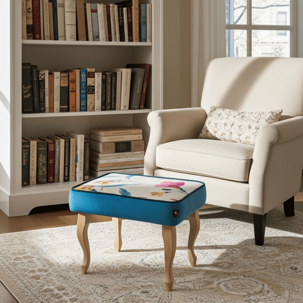 Sky Blue Floral Velvet Footstool 60x40cm with Curved Wooden Legs for Living Room Comfort
