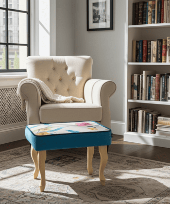 Sky Blue Floral Velvet Footstool 60x40cm with Curved Wooden Legs for Living Room Comfort