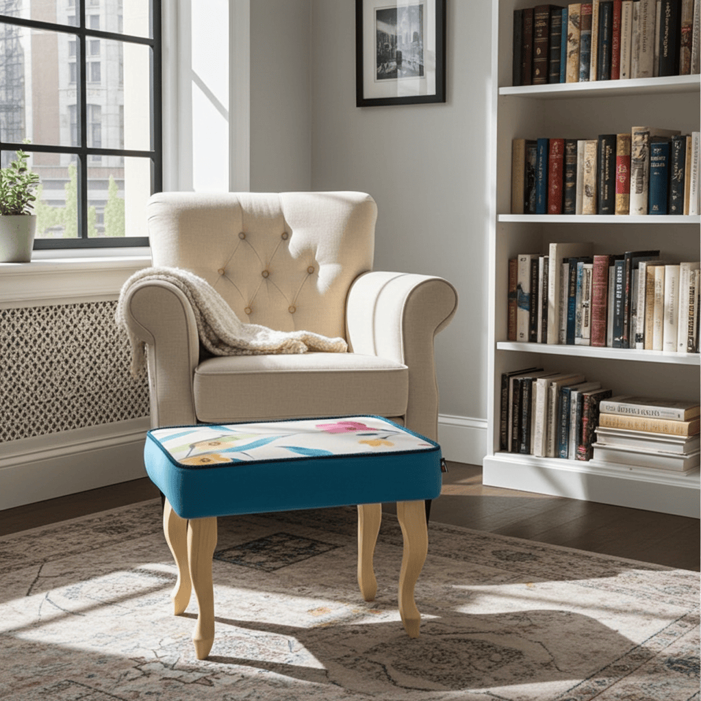 Sky Blue Floral Velvet Footstool 60x40cm with Curved Wooden Legs for Living Room Comfort