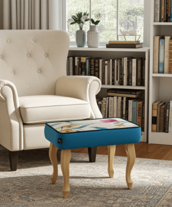 Sky Blue Floral Velvet Footstool 60x40cm with Curved Wooden Legs for Living Room Comfort
