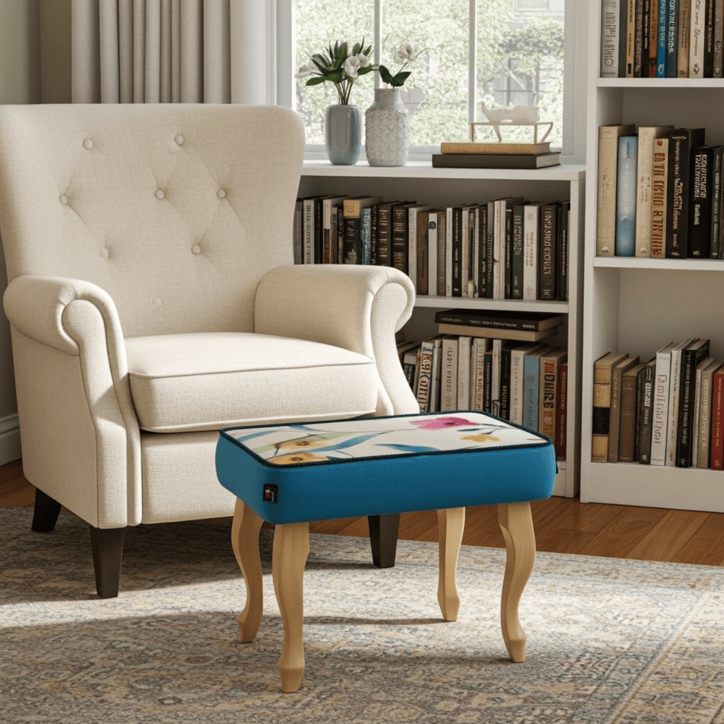 Sky Blue Floral Velvet Footstool 60x40cm with Curved Wooden Legs for Living Room Comfort