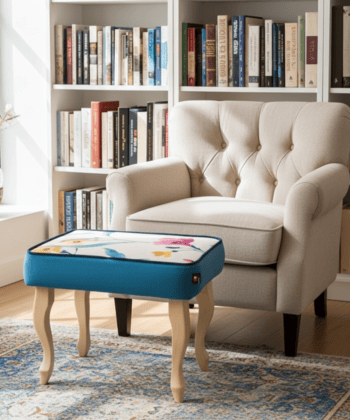 Sky Blue Floral Velvet Footstool 60x40cm with Curved Wooden Legs for Living Room Comfort