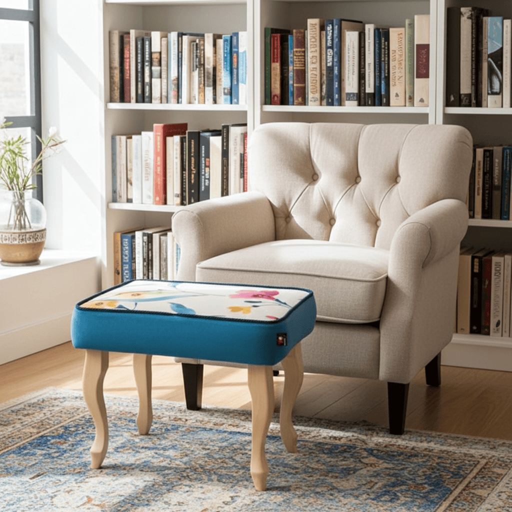 Sky Blue Floral Velvet Footstool 60x40cm with Curved Wooden Legs for Living Room Comfort