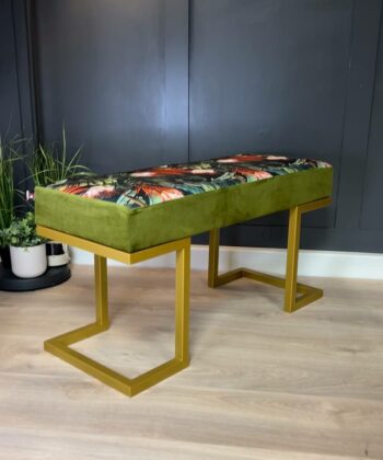 Upholstered Bench 100x40cm – Gold Metal Frame & Botanical