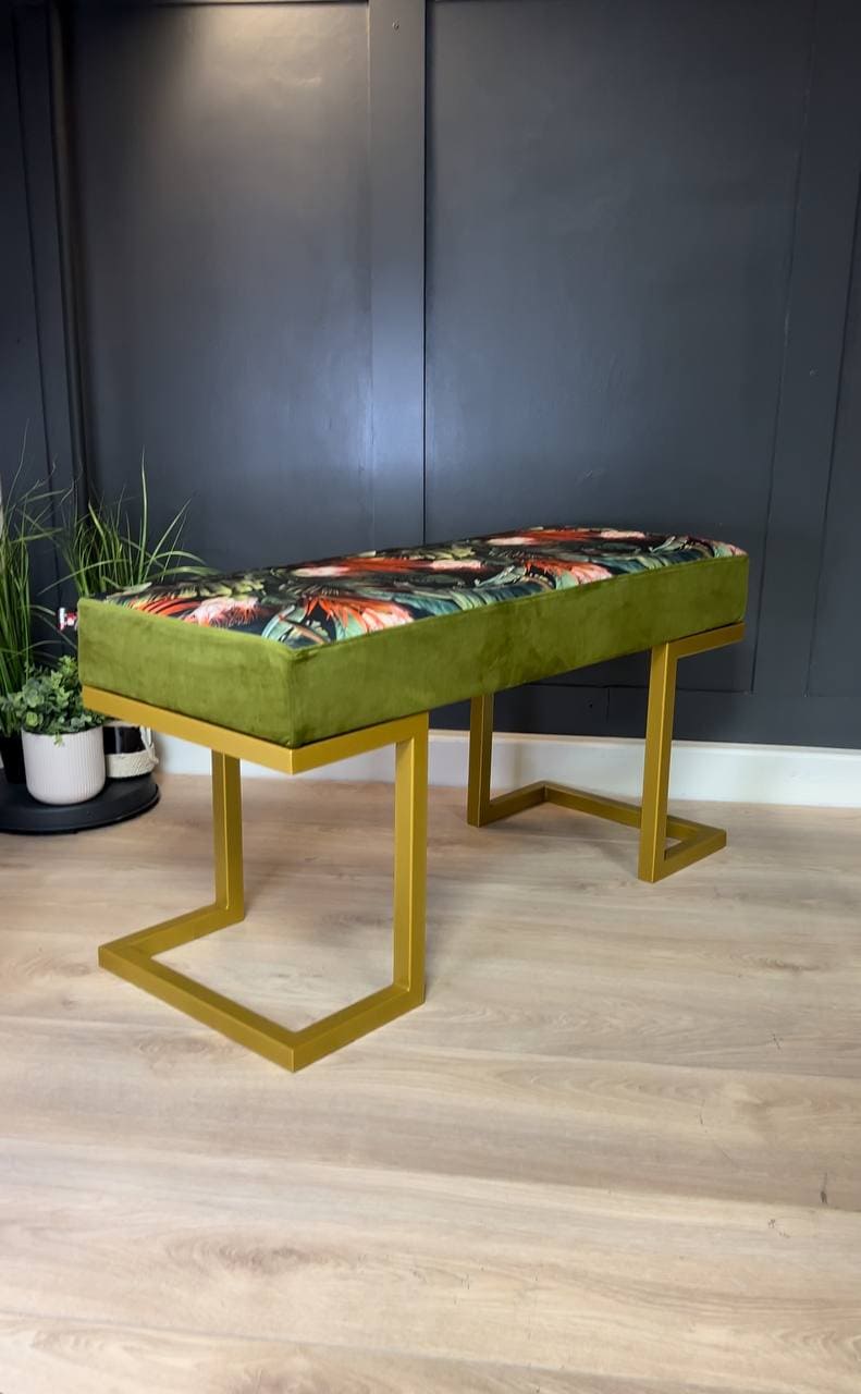 Upholstered Bench 100x40cm – Gold Metal Frame & Botanical