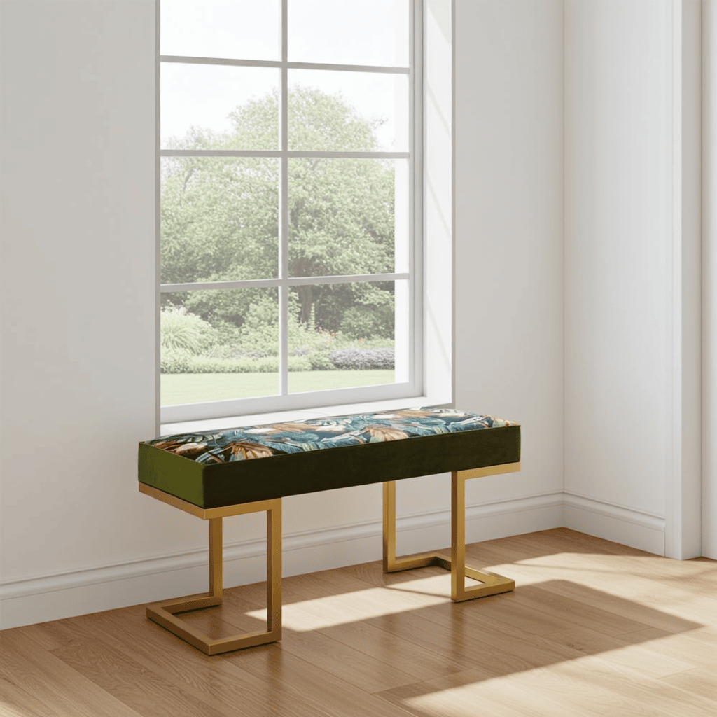 Upholstered Bench 100x40cm – Gold Metal Frame & Botanical