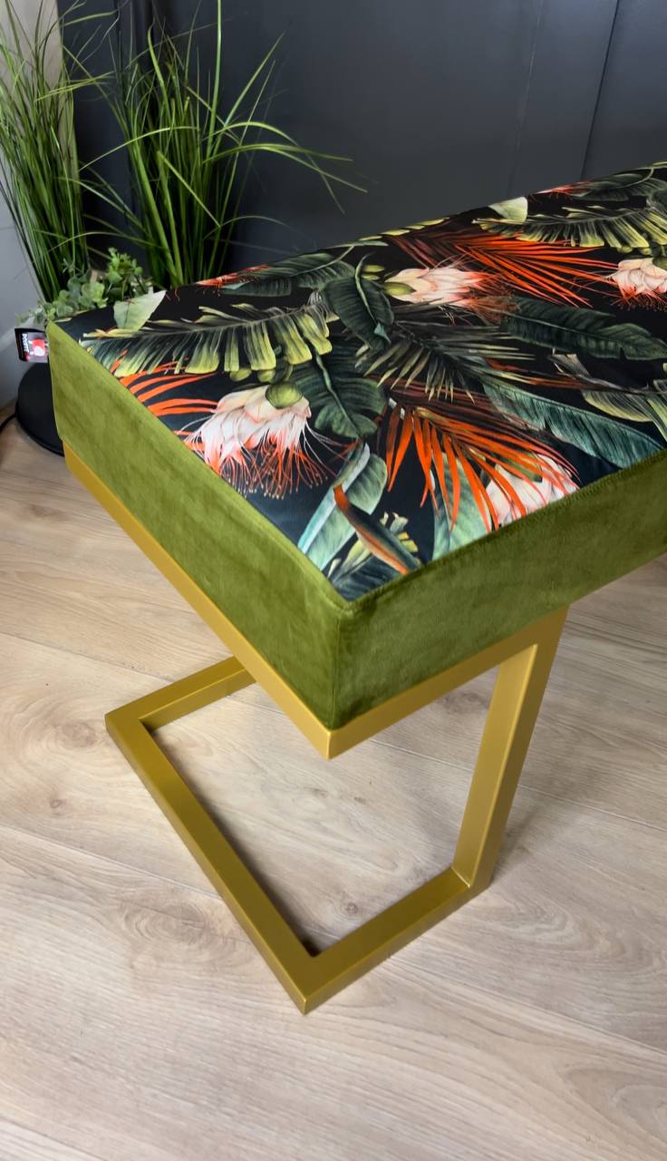Upholstered Bench 100x40cm – Gold Metal Frame & Botanical