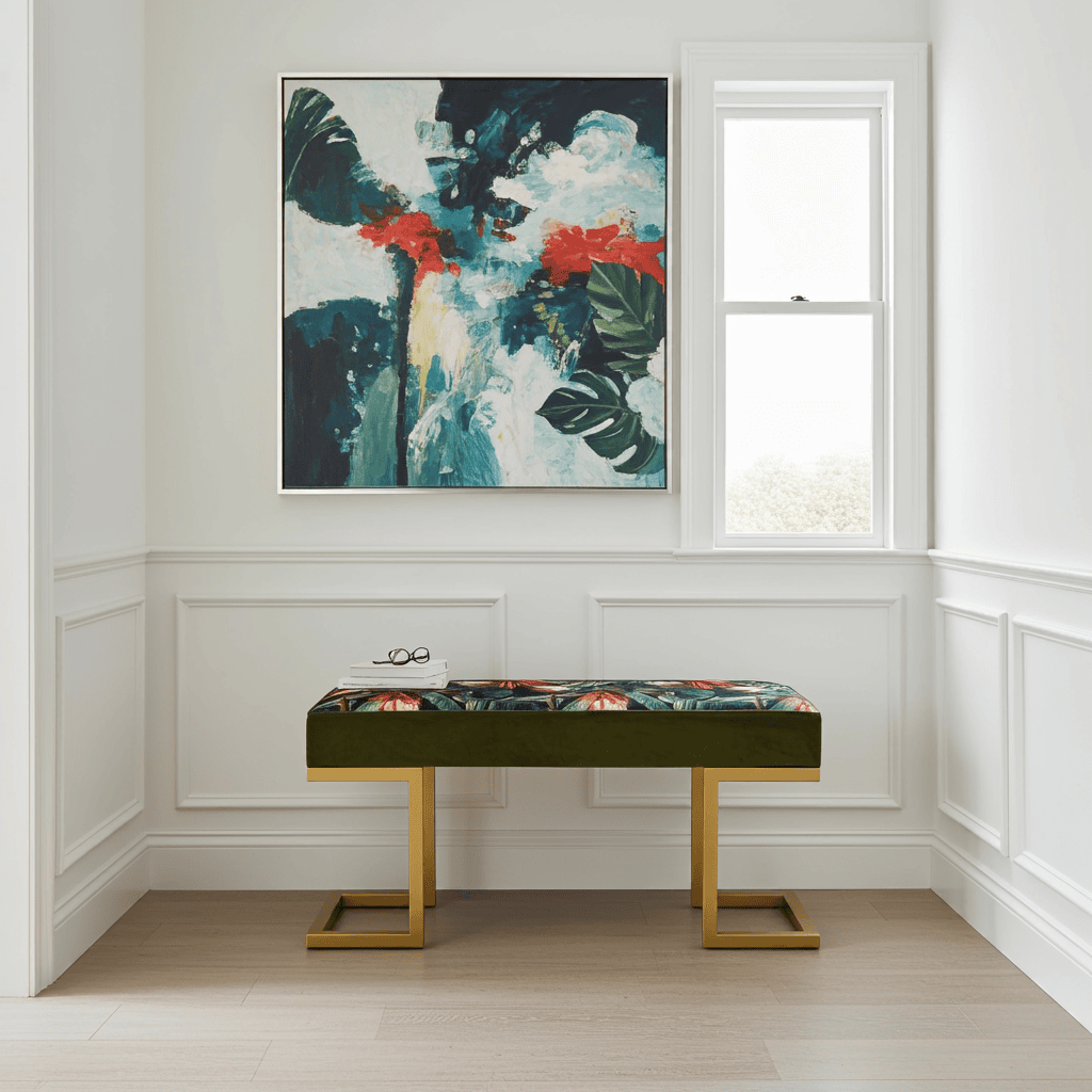 Upholstered Bench 100x40cm – Gold Metal Frame & Botanical