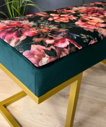 Upholstered Bench with Gold Metal Frame – Floral Velvet Elegance