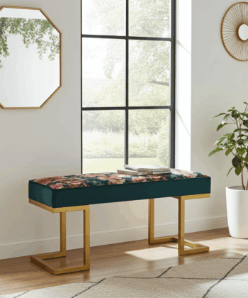 Upholstered Bench with Gold Metal Frame – Floral Velvet Elegance