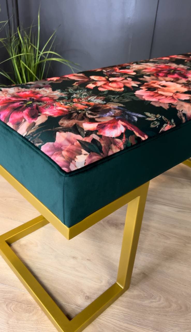 Upholstered Bench with Gold Metal Frame – Floral Velvet Elegance