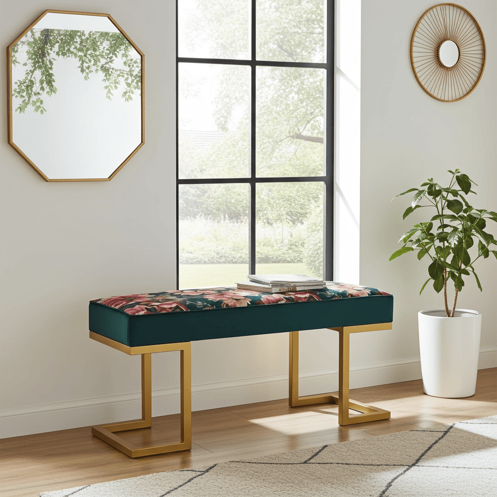 Upholstered Bench with Gold Metal Frame – Floral Velvet Elegance