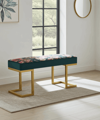 Upholstered Bench with Gold Metal Frame – Floral Velvet Elegance