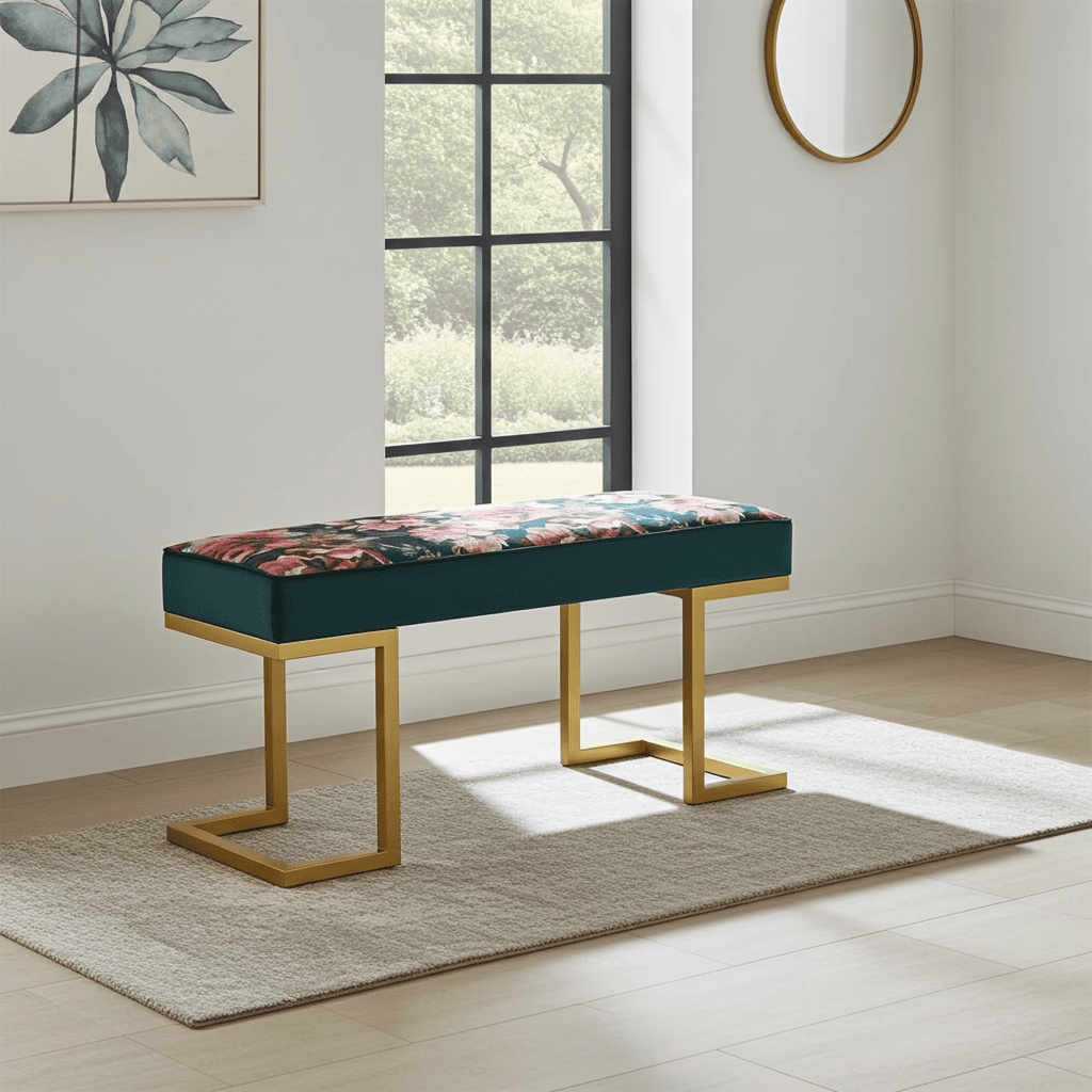Upholstered Bench with Gold Metal Frame – Floral Velvet Elegance