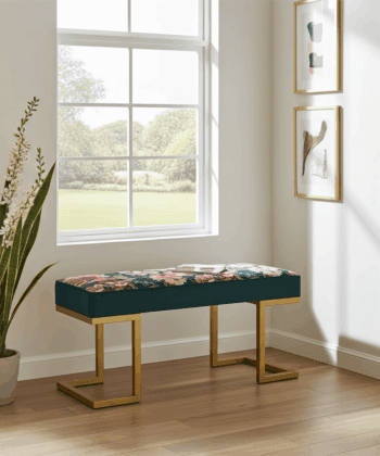 Upholstered Bench with Gold Metal Frame – Floral Velvet Elegance