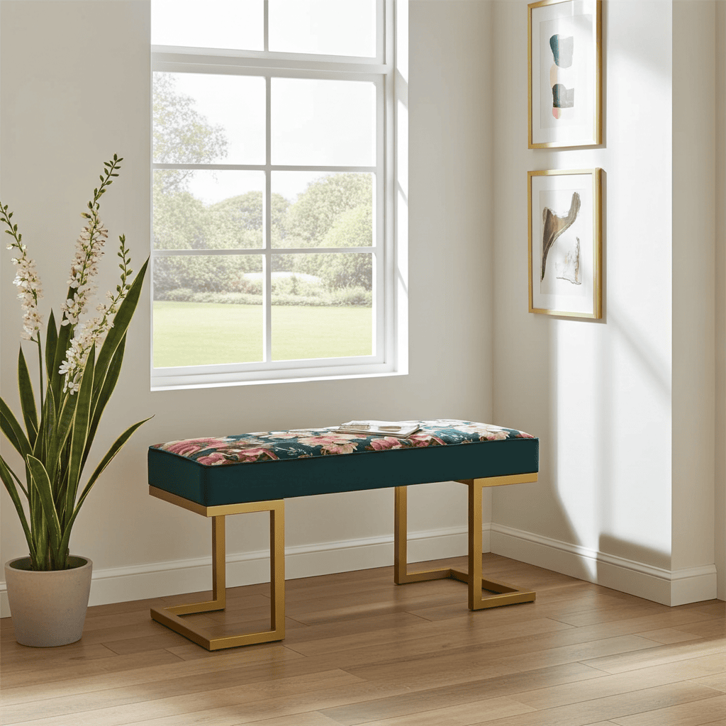 Upholstered Bench with Gold Metal Frame – Floral Velvet Elegance