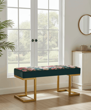 Upholstered Bench with Gold Metal Frame – Floral Velvet Elegance