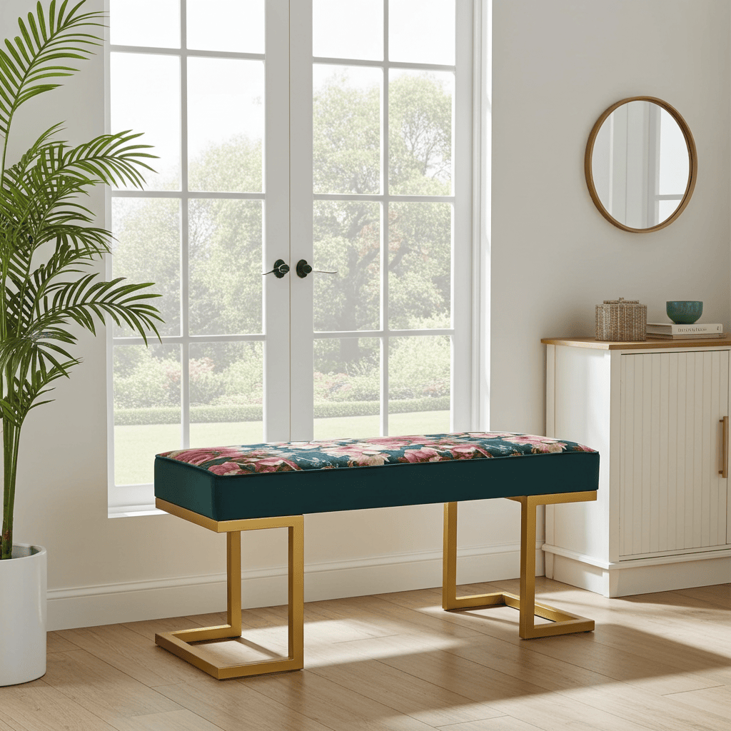 Upholstered Bench with Gold Metal Frame – Floral Velvet Elegance