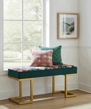Upholstered Bench with Gold Metal Frame – Floral Velvet Elegance