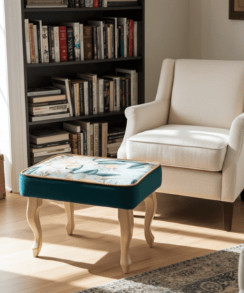 Velvet Footstool 60x40cm – Floral Top & Natural Beech Legs