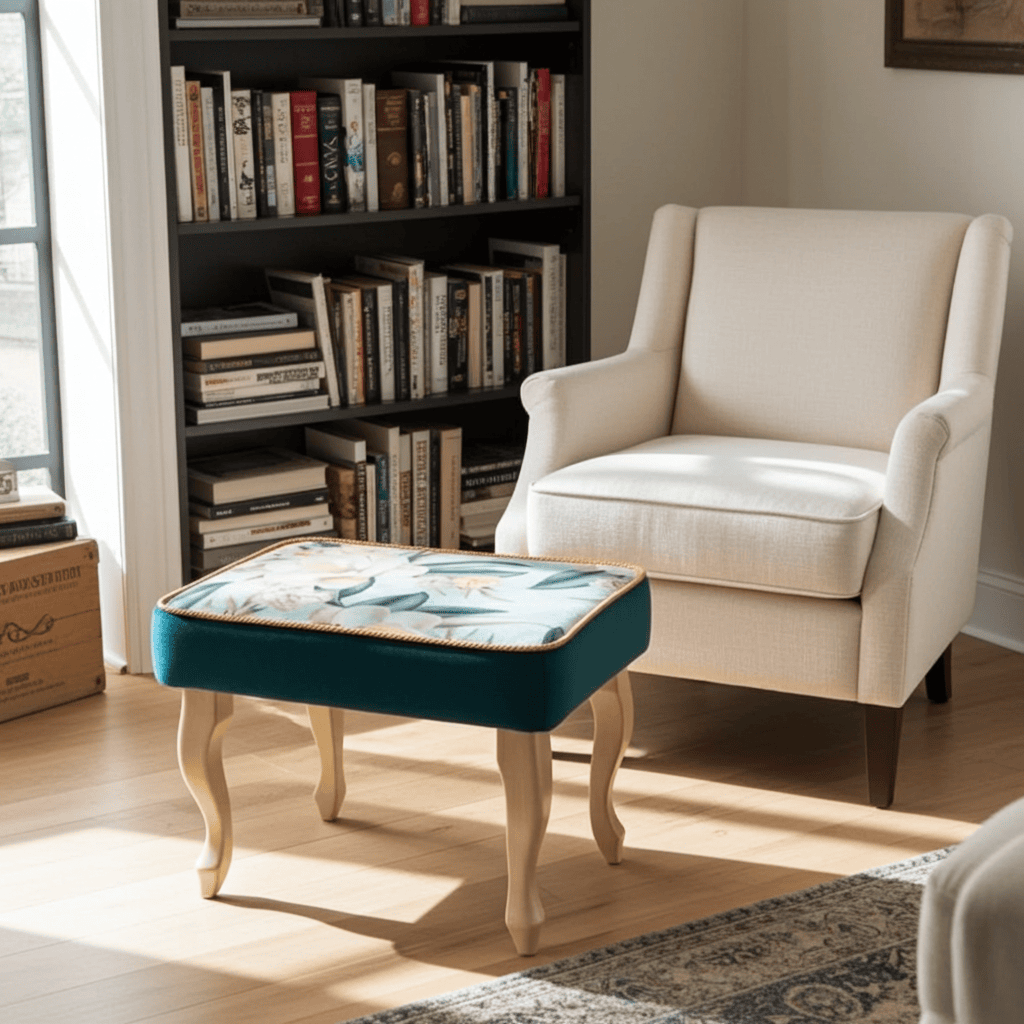 Velvet Footstool 60x40cm – Floral Top & Natural Beech Legs