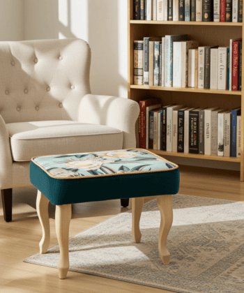 Velvet Footstool 60x40cm – Floral Top & Natural Beech Legs