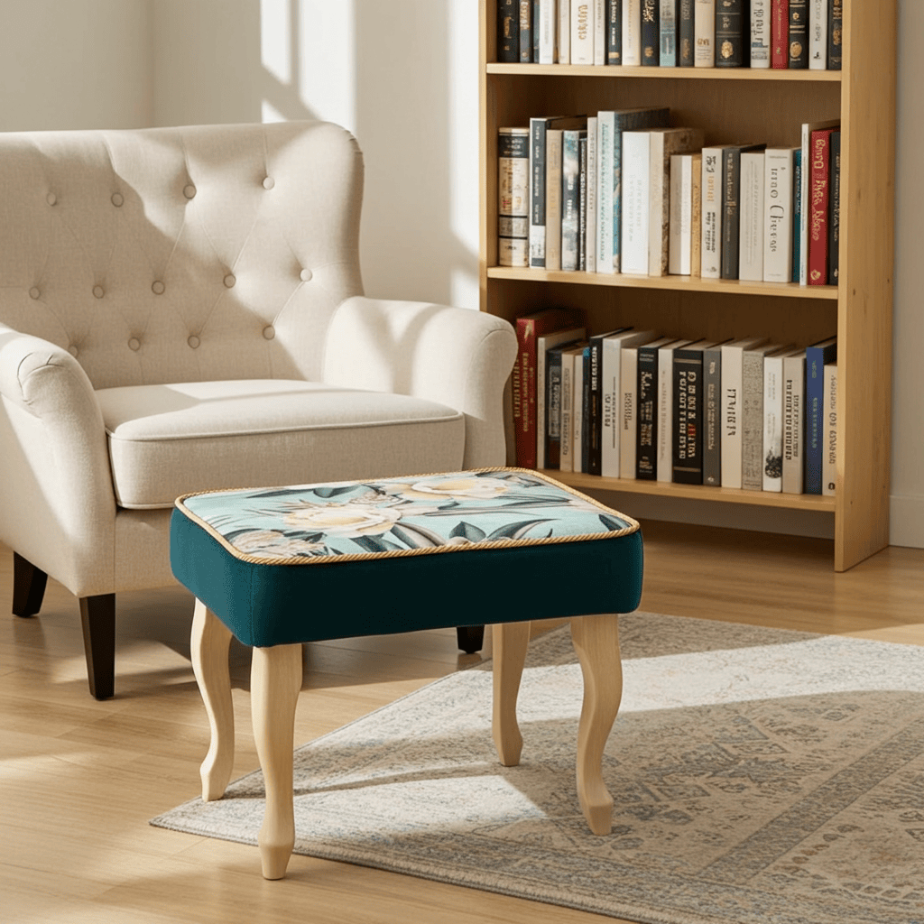 Velvet Footstool 60x40cm – Floral Top & Natural Beech Legs