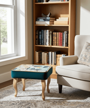 Velvet Footstool 60x40cm – Floral Top & Natural Beech Legs