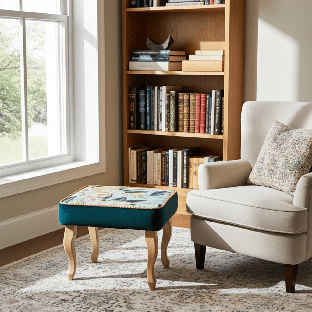 Velvet Footstool 60x40cm – Floral Top & Natural Beech Legs