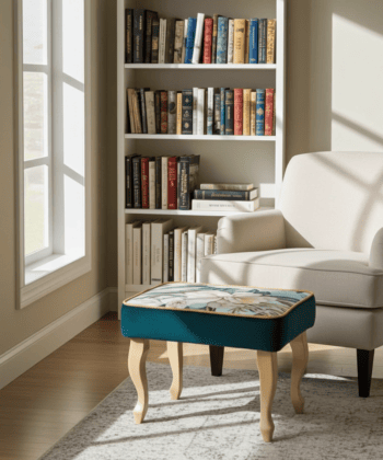 Velvet Footstool 60x40cm – Floral Top & Natural Beech Legs