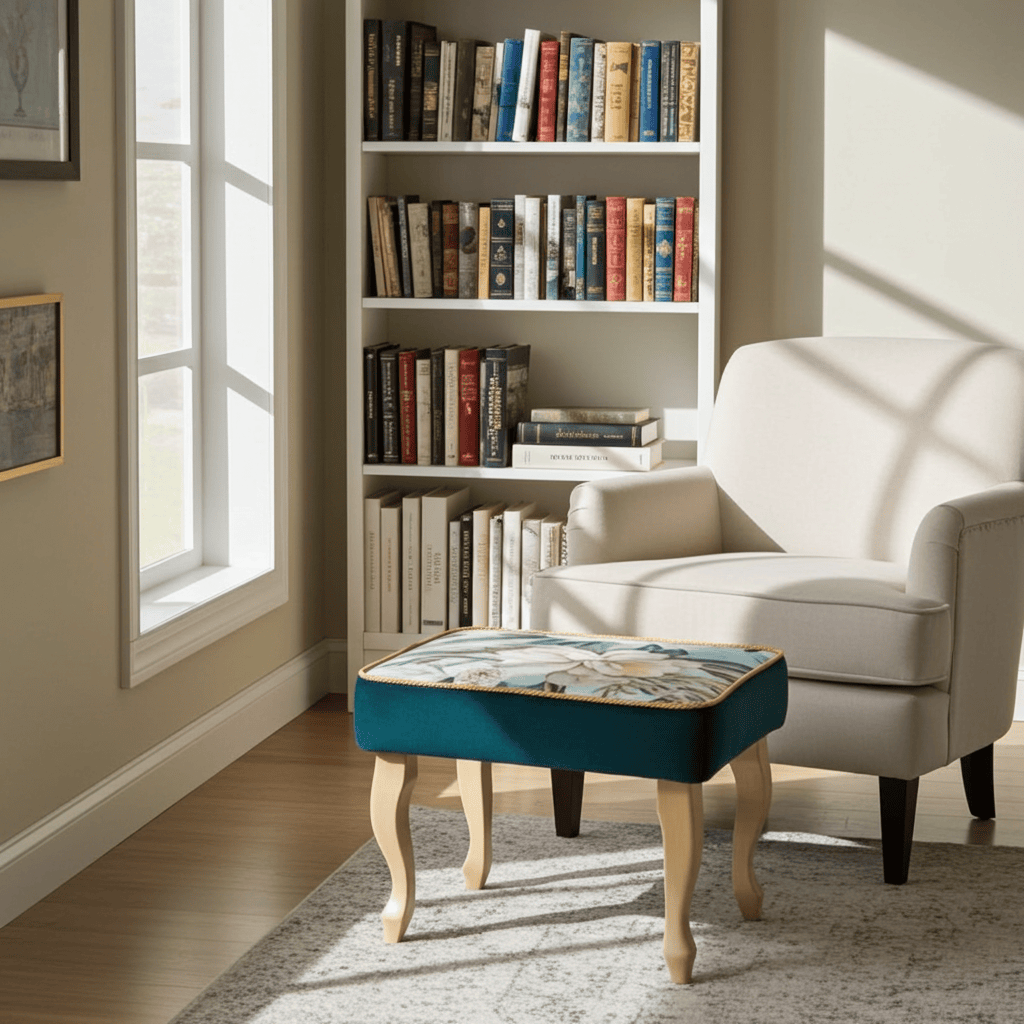 Velvet Footstool 60x40cm – Floral Top & Natural Beech Legs