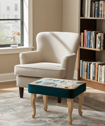 Velvet Footstool 60x40cm – Floral Top & Natural Beech Legs