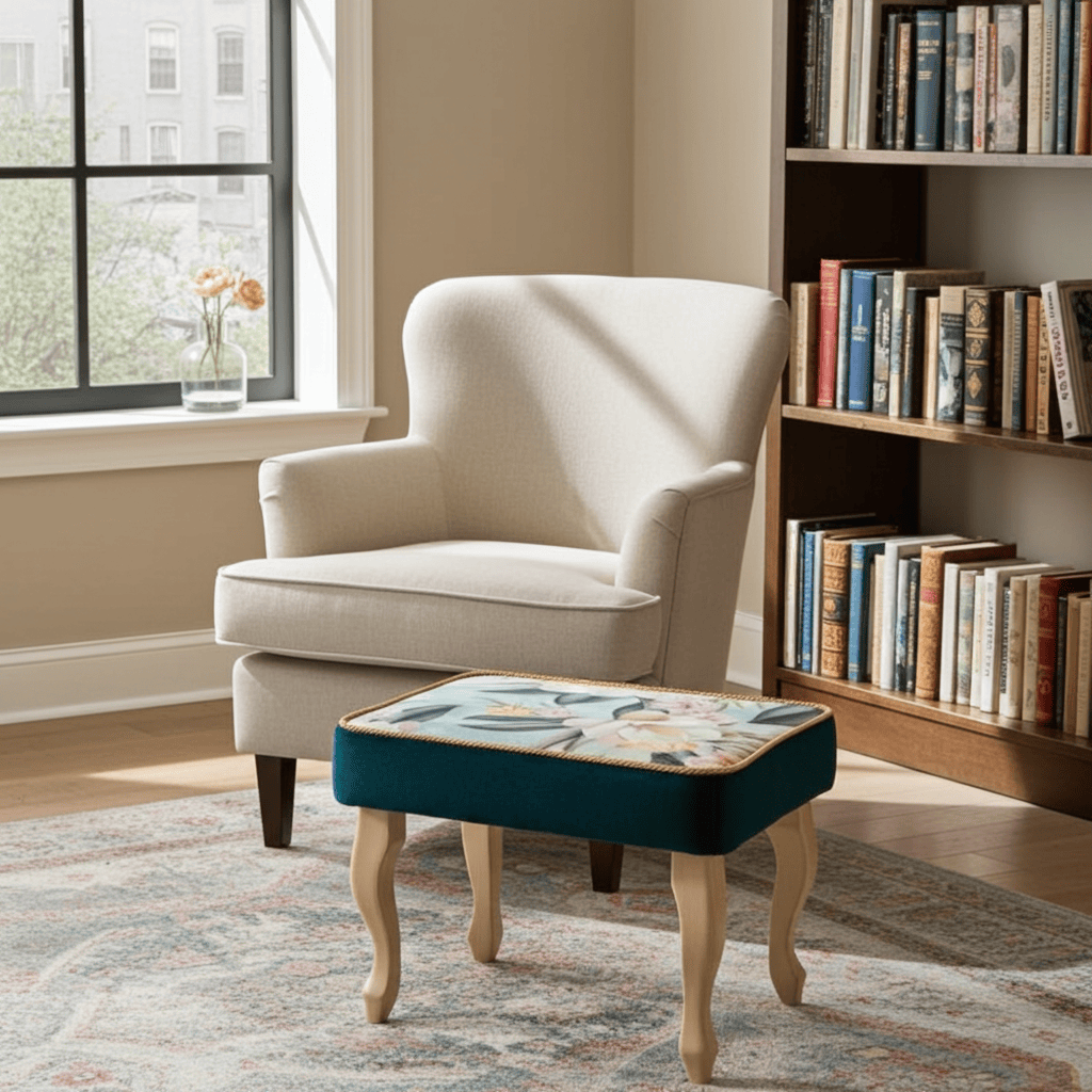 Velvet Footstool 60x40cm – Floral Top & Natural Beech Legs