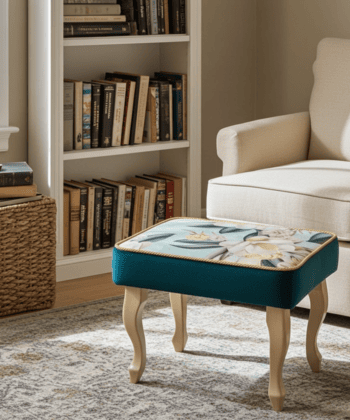 Velvet Footstool 60x40cm – Floral Top & Natural Beech Legs
