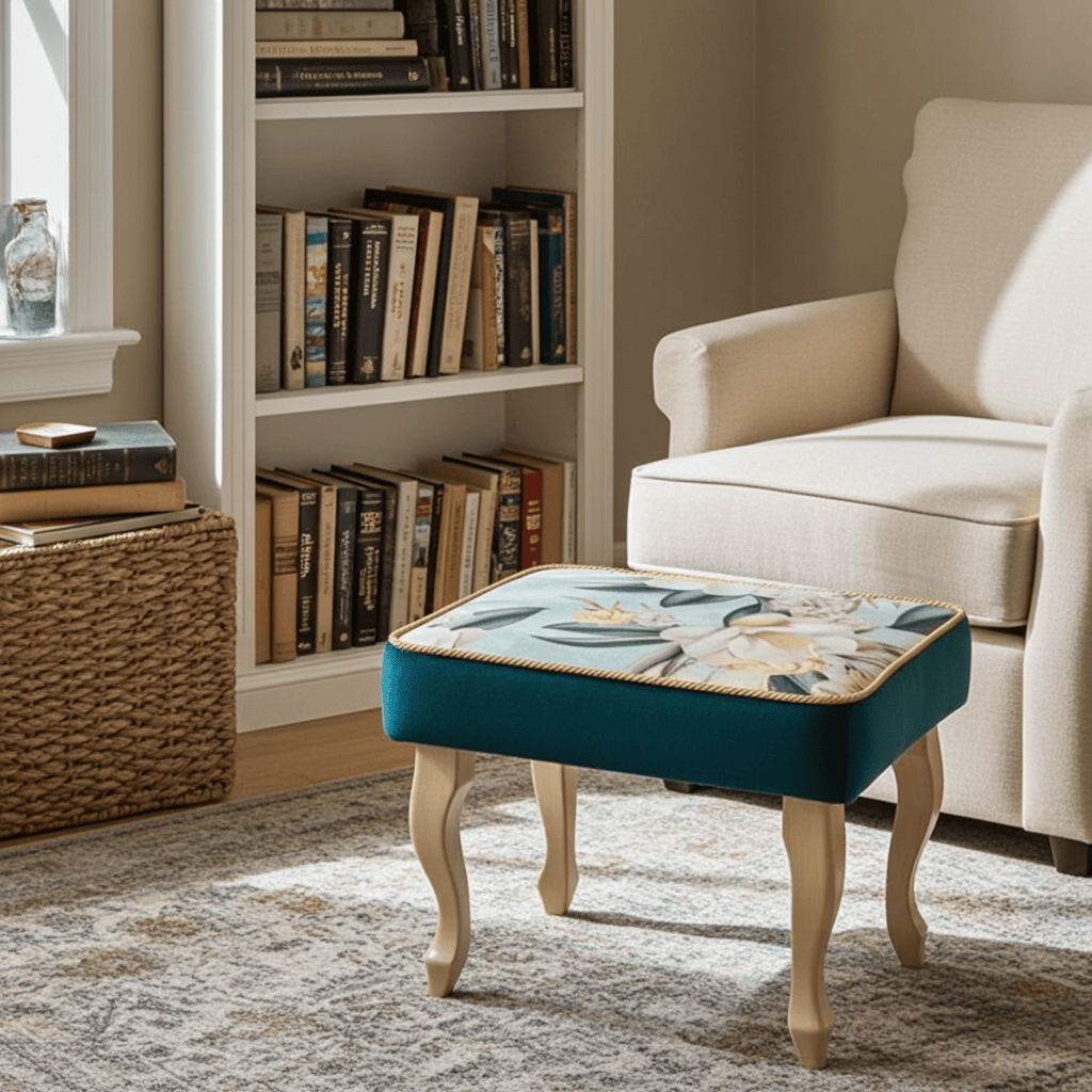 Velvet Footstool 60x40cm – Floral Top & Natural Beech Legs