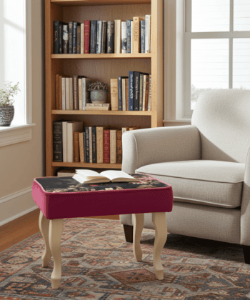 Velvet Footstool 60x40cm – Red Velvet, Floral Top & Beech Legs