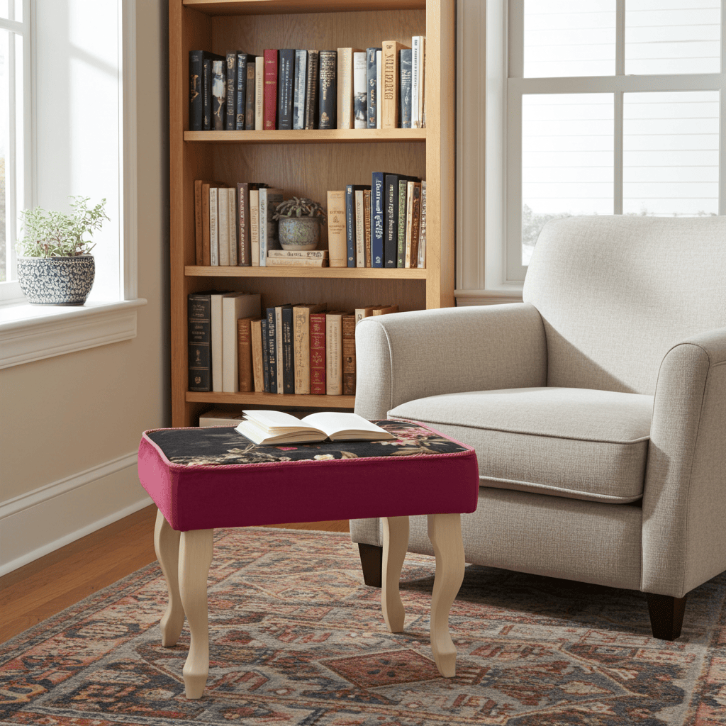 Velvet Footstool 60x40cm – Red Velvet, Floral Top & Beech Legs